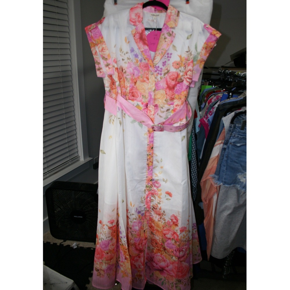 Mainstrip Floral Maxi Shirt Dress Pink Orange White Belted Button Front Small